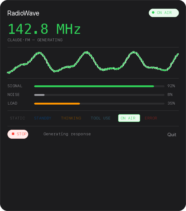 RadioWave popover showing waveform and radio states